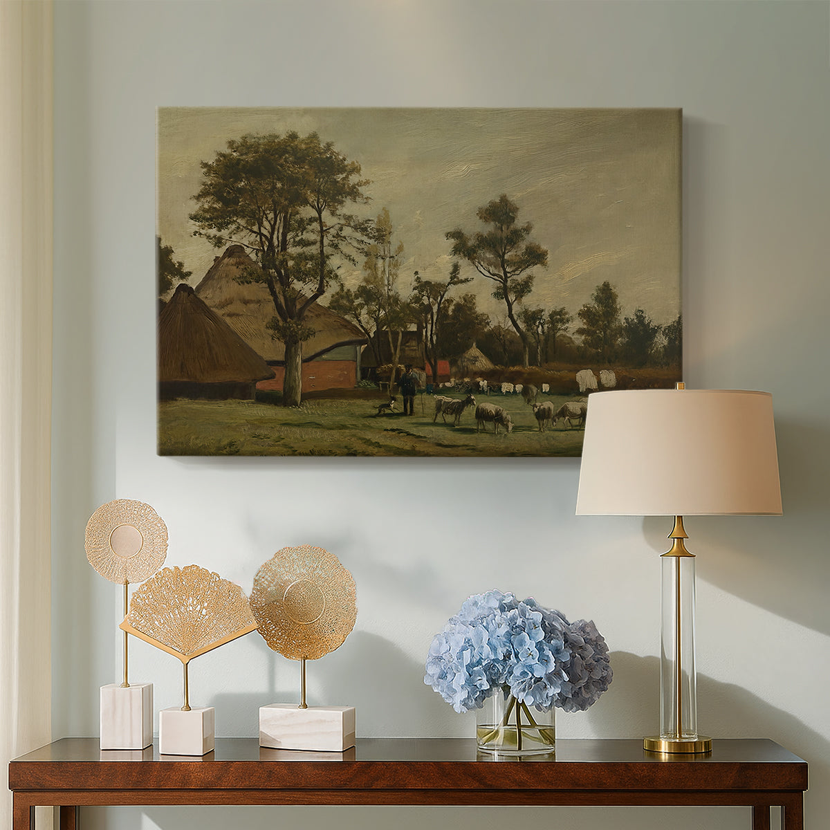 Canvas art print featuring a rural landscape featuring farm building and natural setting, displayed above a styled console table