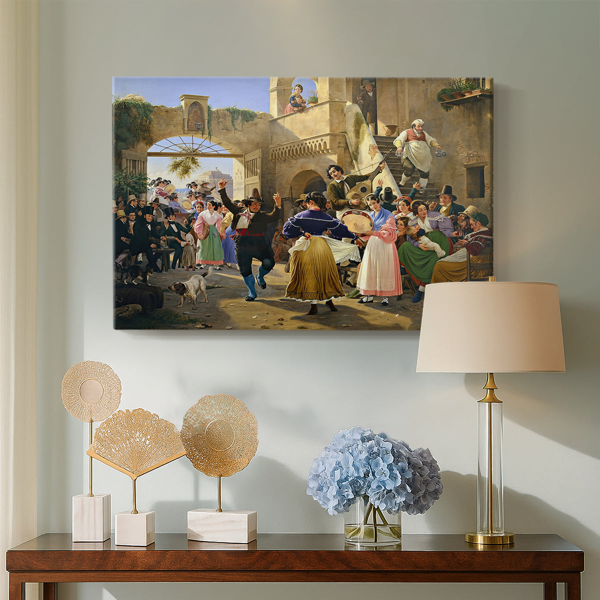 Canvas art print featuring a scene showing communal dining and conversation, displayed above a styled console table