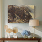 Canvas art print featuring a high-altitude scene with rocky formations and sparse vegetation, displayed above a styled console table