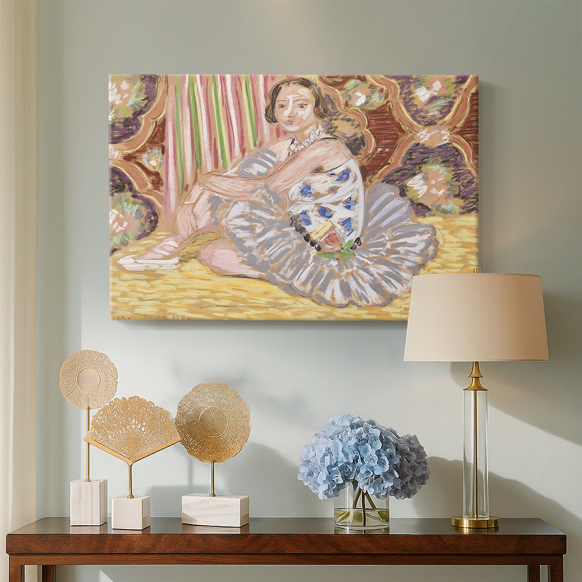 Canvas art print featuring a Fauvist figure study with costume-like detail, displayed above a styled console table