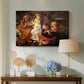 Canvas art print featuring a peaceful religious moment with figures reclining in natural setting, displayed above a styled console table