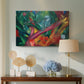 Canvas art print featuring an abstract depiction of monkey using vibrant contrasting tones, displayed above a styled console table