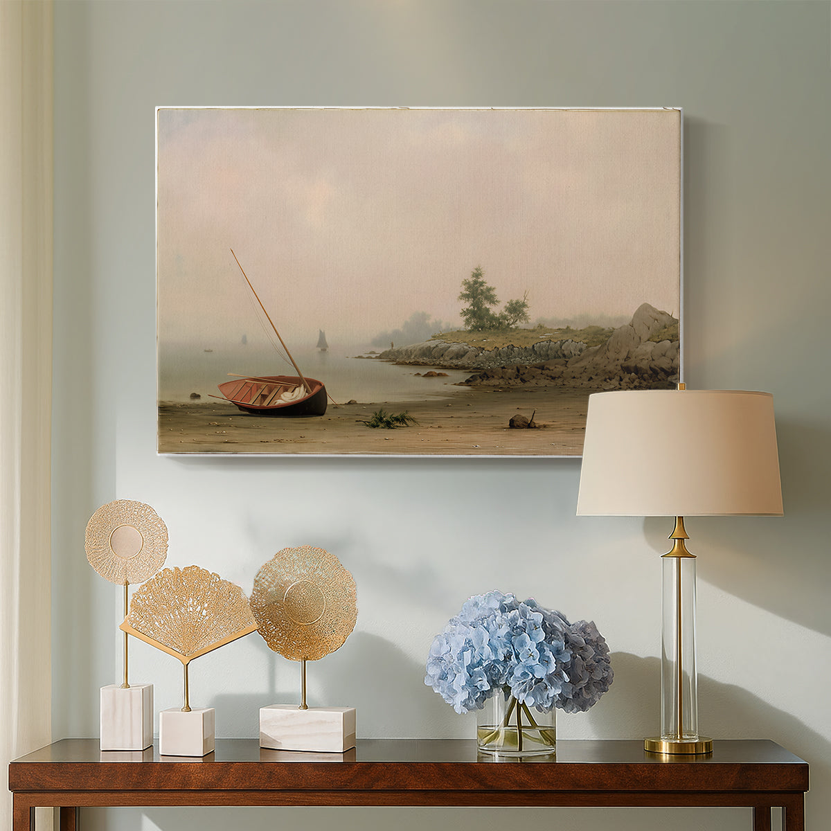 Canvas art print featuring a tranquil landscape with boat and reflective water, displayed above a styled console table