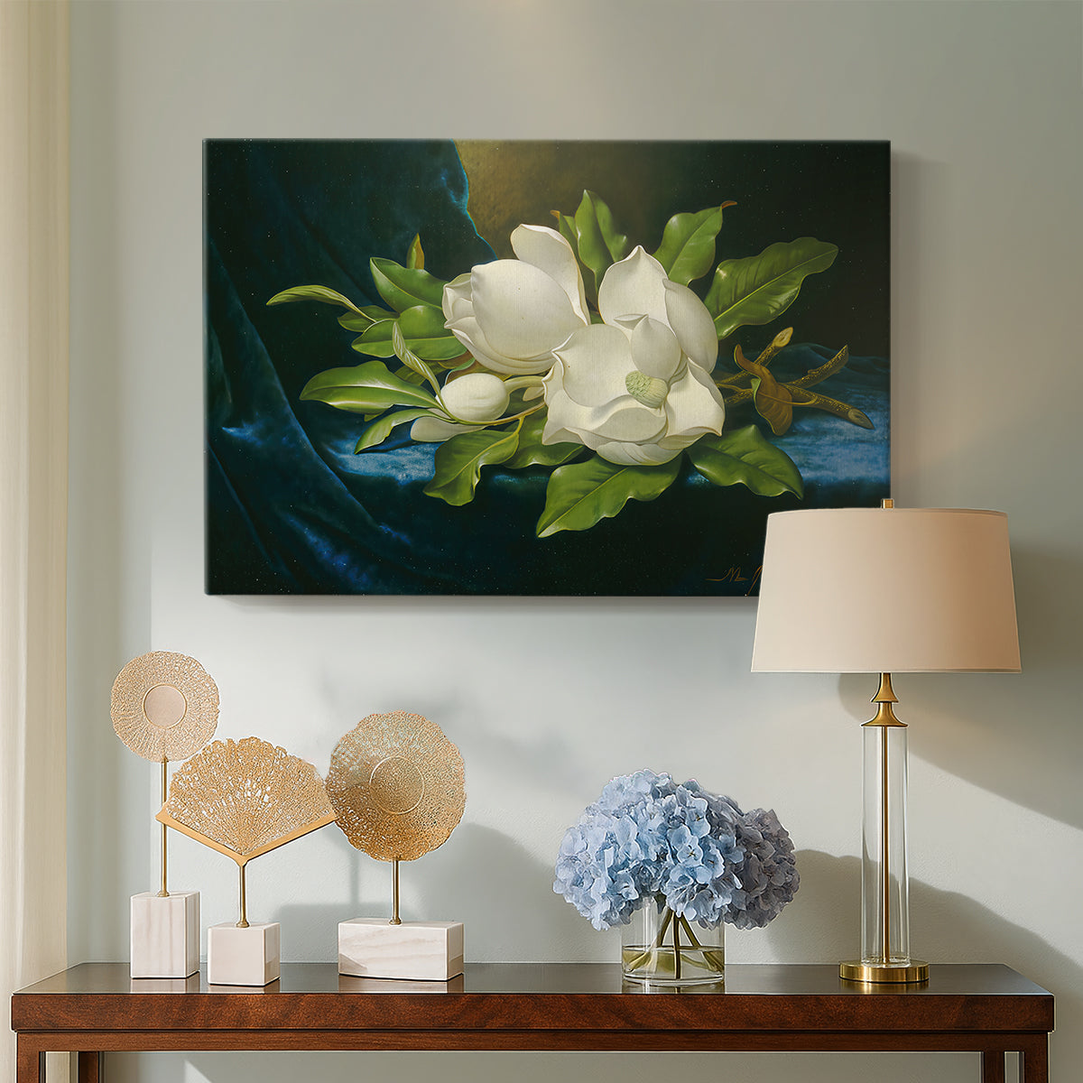Canvas art print featuring a botanical composition with soft textures, displayed above a styled console table