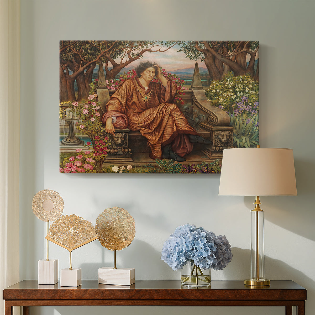 Canvas art print featuring a symbolic depiction of soul in anguish amid chaotic forms, displayed above a styled console table