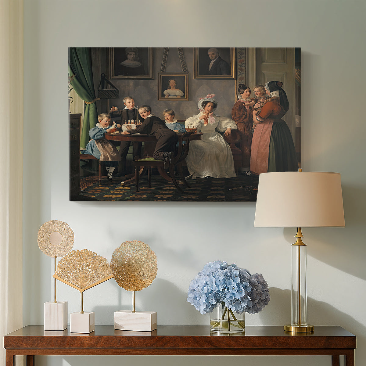 Canvas art print featuring a domestic composition showing family interaction, displayed above a styled console table