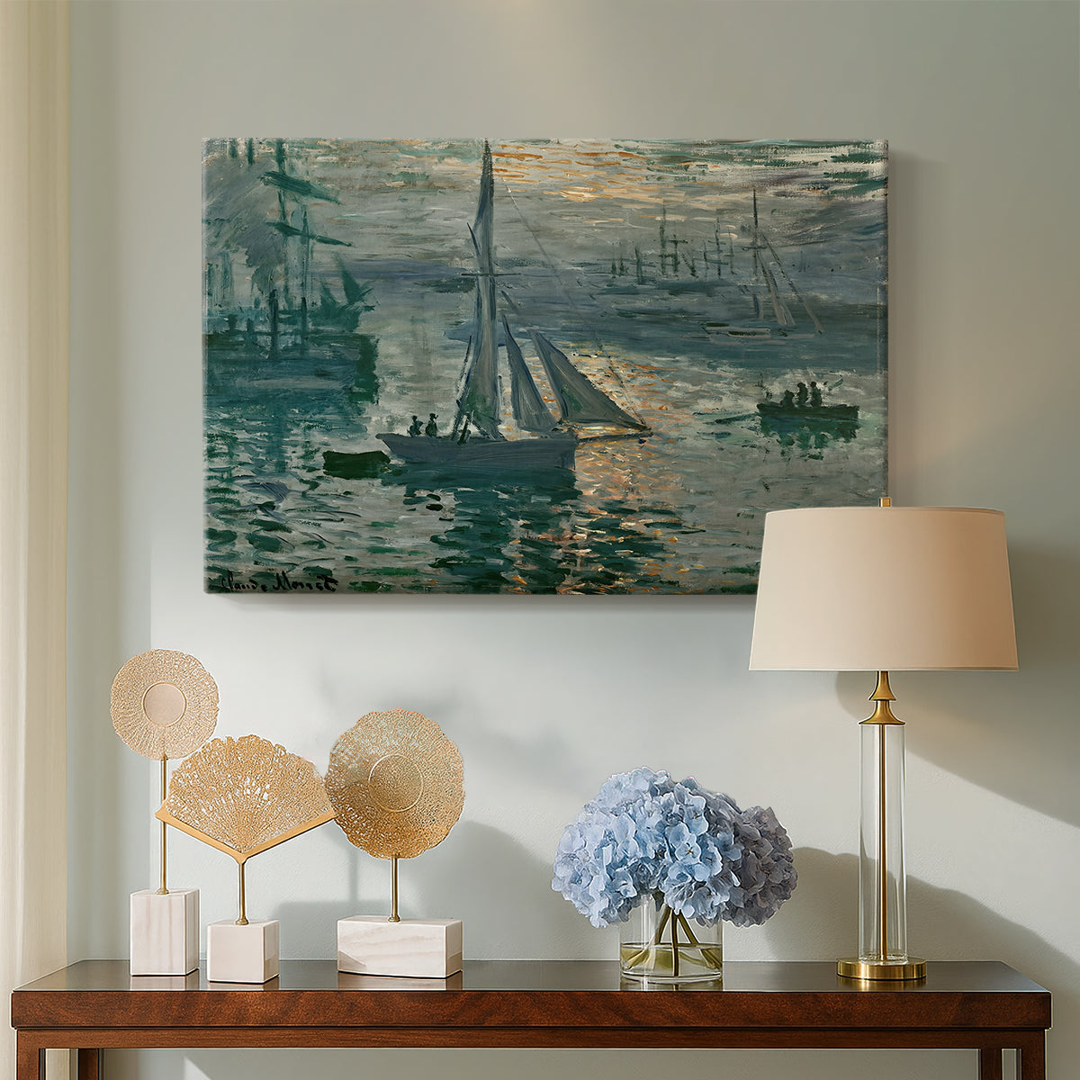 Canvas art print featuring an early morning harbor scene with boats and diffused light, displayed above a styled console table