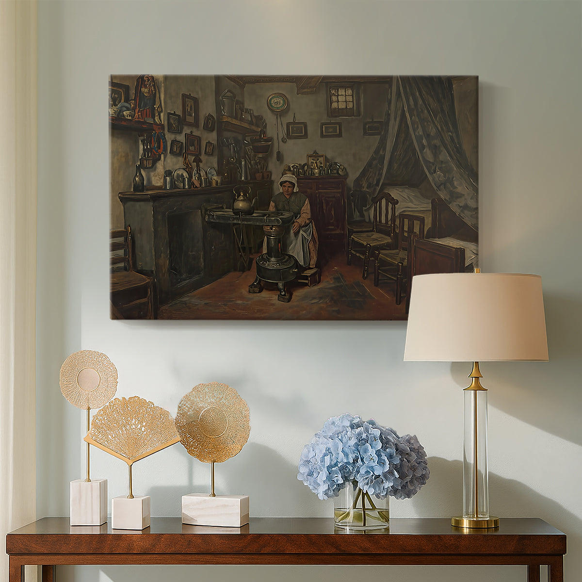 Canvas art print featuring a domestic composition focused on solitary figure and space, displayed above a styled console table