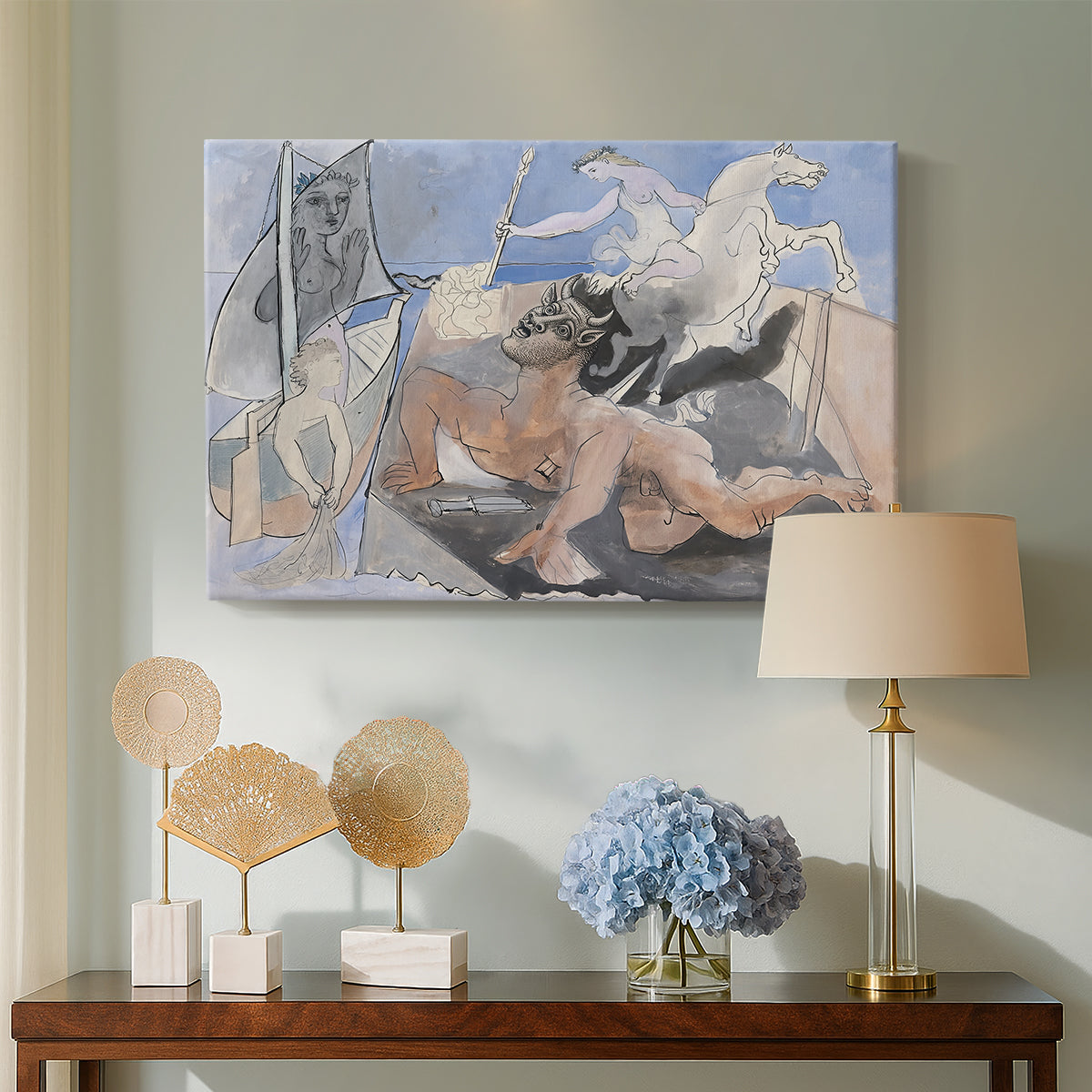 Canvas art print featuring a surreal drawing combining forms, displayed above a styled console table