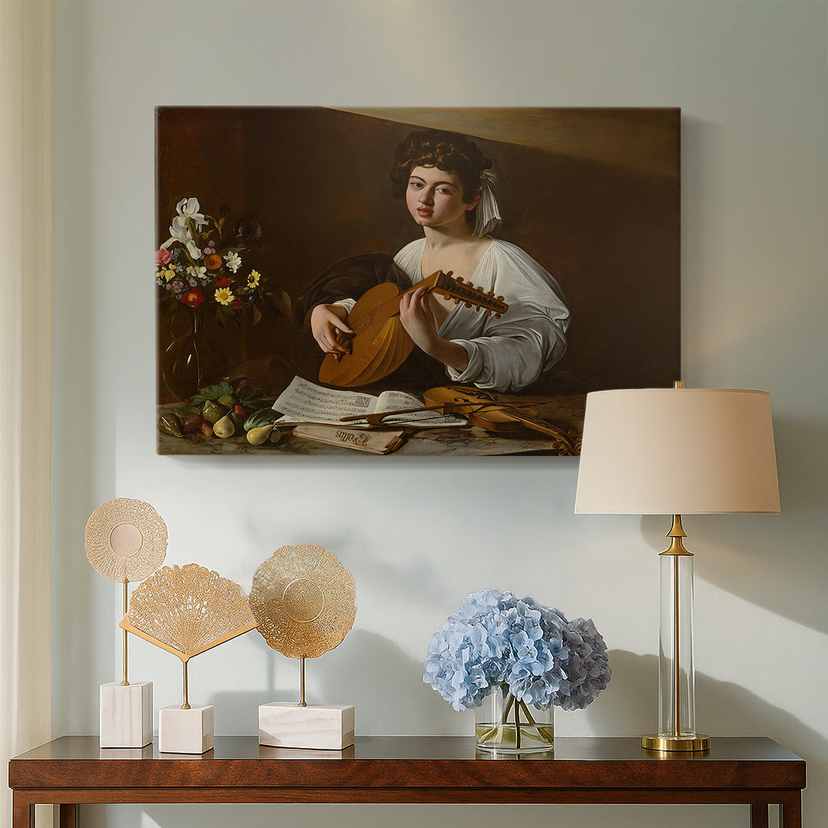 Canvas art print featuring an intimate musical scene with instrument and decorative objects, displayed above a styled console table