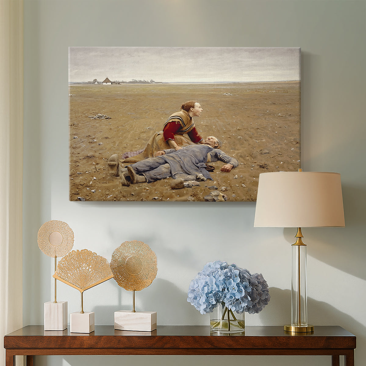 Canvas art print featuring a realistic depiction of fatigue and hardship in countryside, displayed above a styled console table