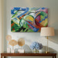 Canvas art print featuring an expressionist composition blending animals with environment, displayed above a styled console table