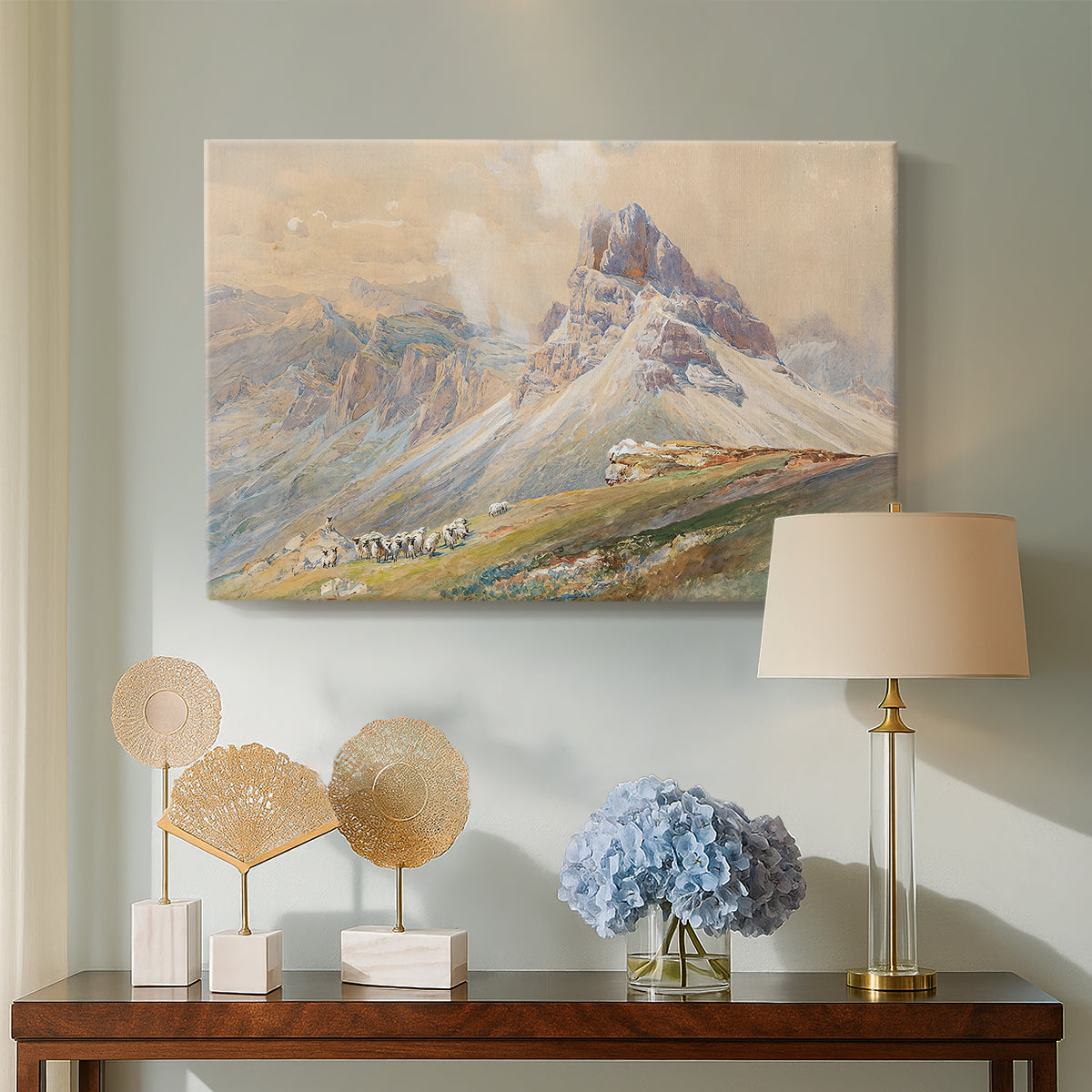 Canvas art print featuring an expansive landscape featuring iconic Dolomite peaks, displayed above a styled console table