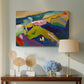 Canvas art print featuring an expressive countryside view blending terrain and structure, displayed above a styled console table
