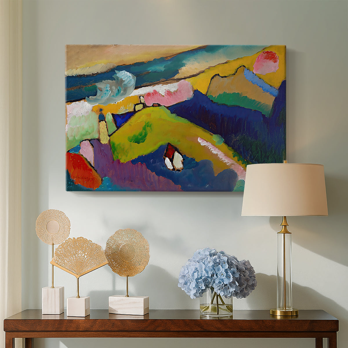 Canvas art print featuring an expressive countryside view blending terrain and structure, displayed above a styled console table