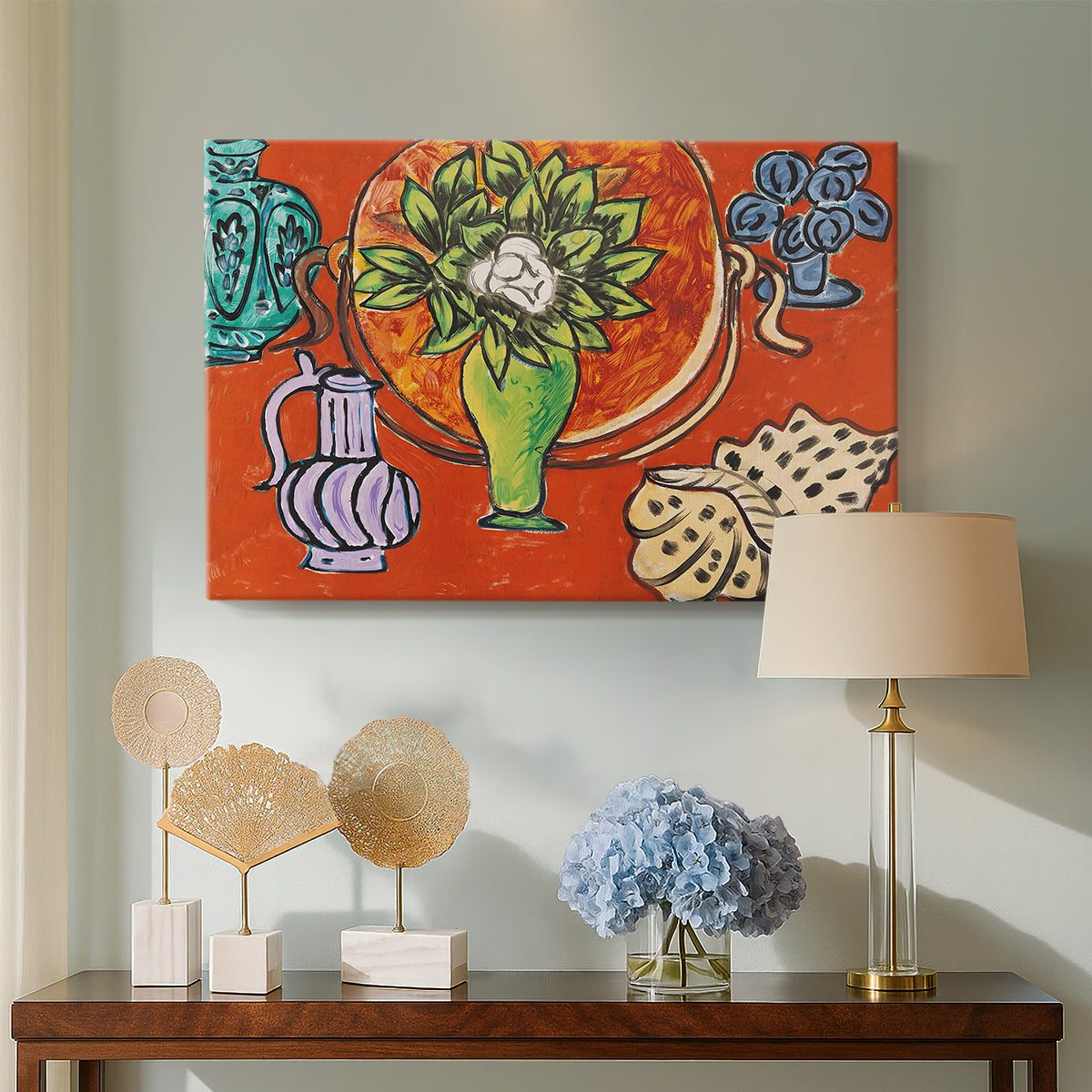 Canvas art print featuring an expressive vase of flowers in a colorful interior composition, displayed above a styled console table