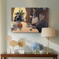 Canvas art print featuring an interior with figures and table setting, displayed above a styled console table