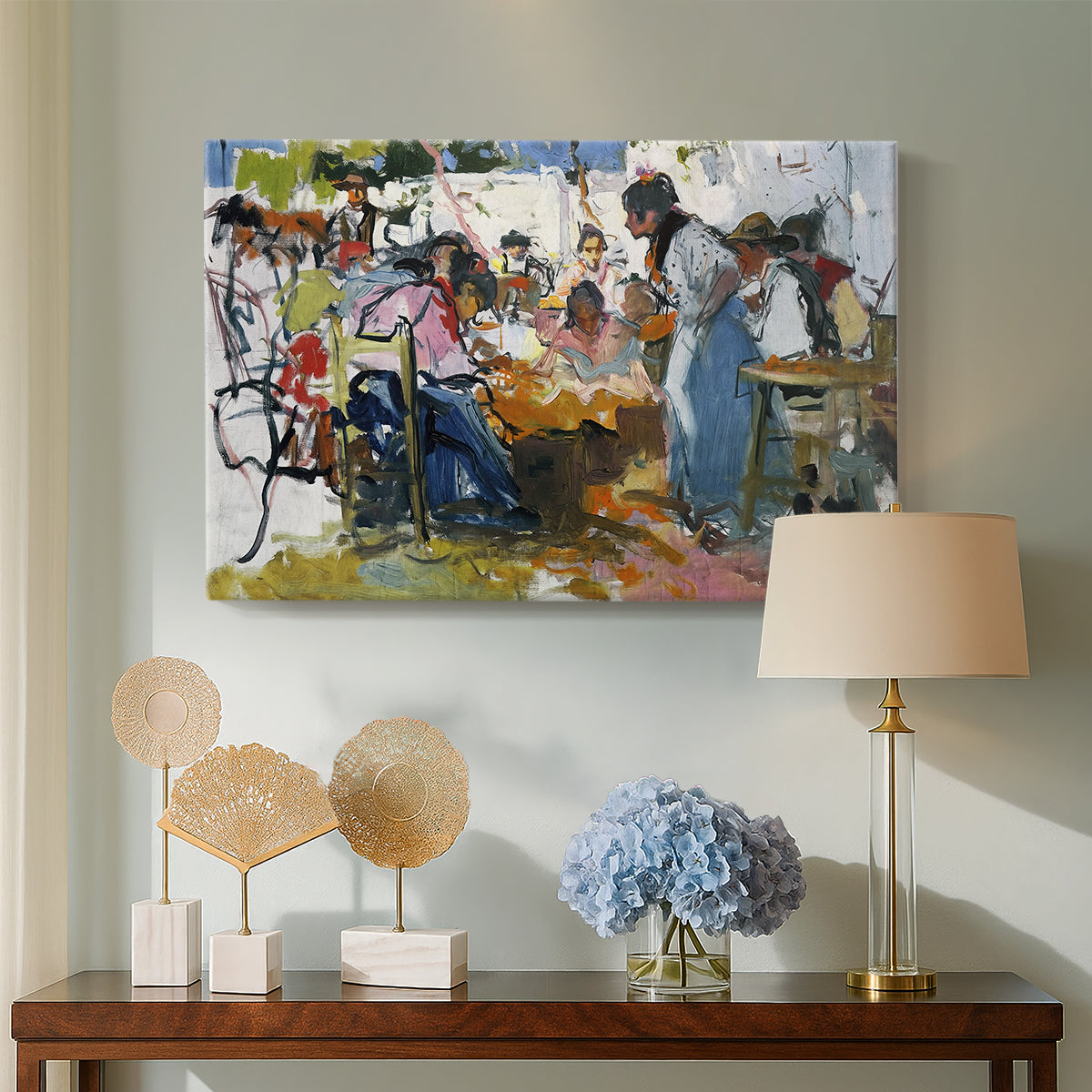 Canvas art print featuring an expressive depiction of coastal work activity, displayed above a styled console table
