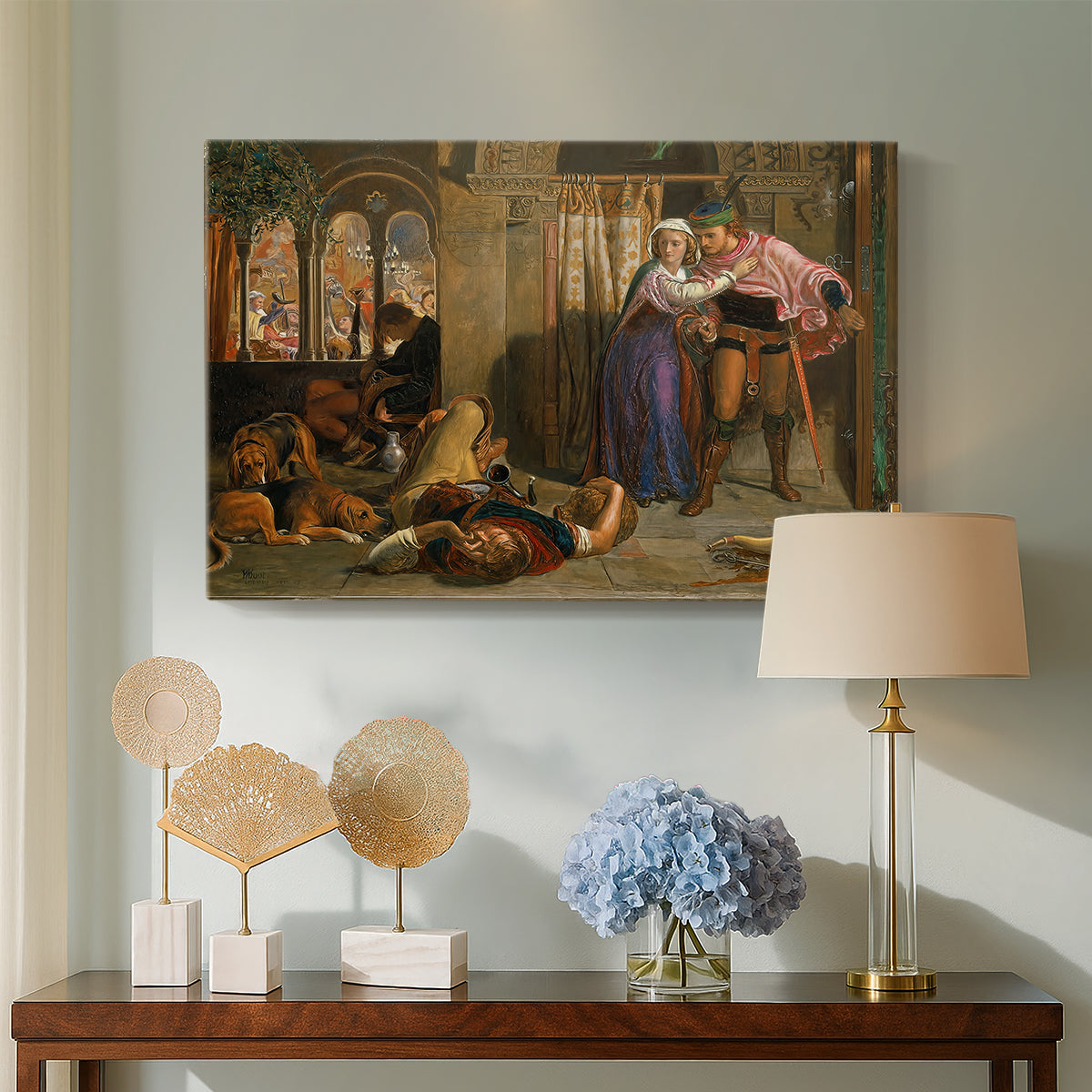 Canvas art print featuring an interior composition with two figures in motion among decorative surroundings, displayed above a styled console table