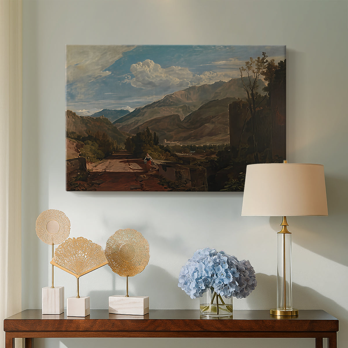 Canvas art print featuring an expressive landscape with elevation, displayed above a styled console table