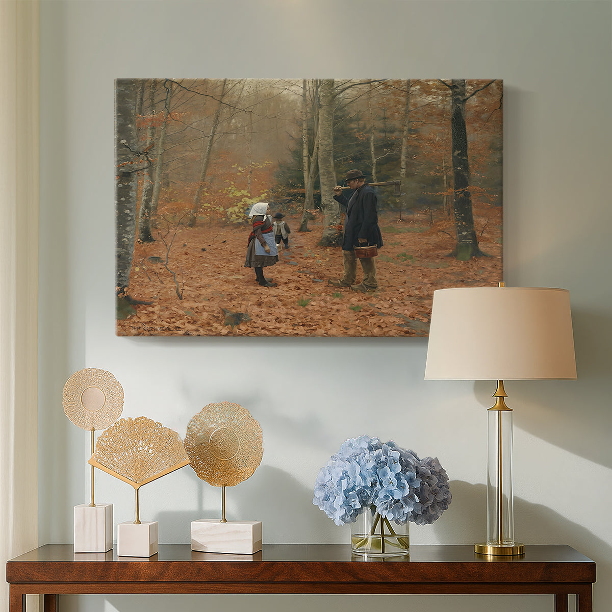 Canvas art print featuring a rustic scene with figures traveling through forest landscape, displayed above a styled console table