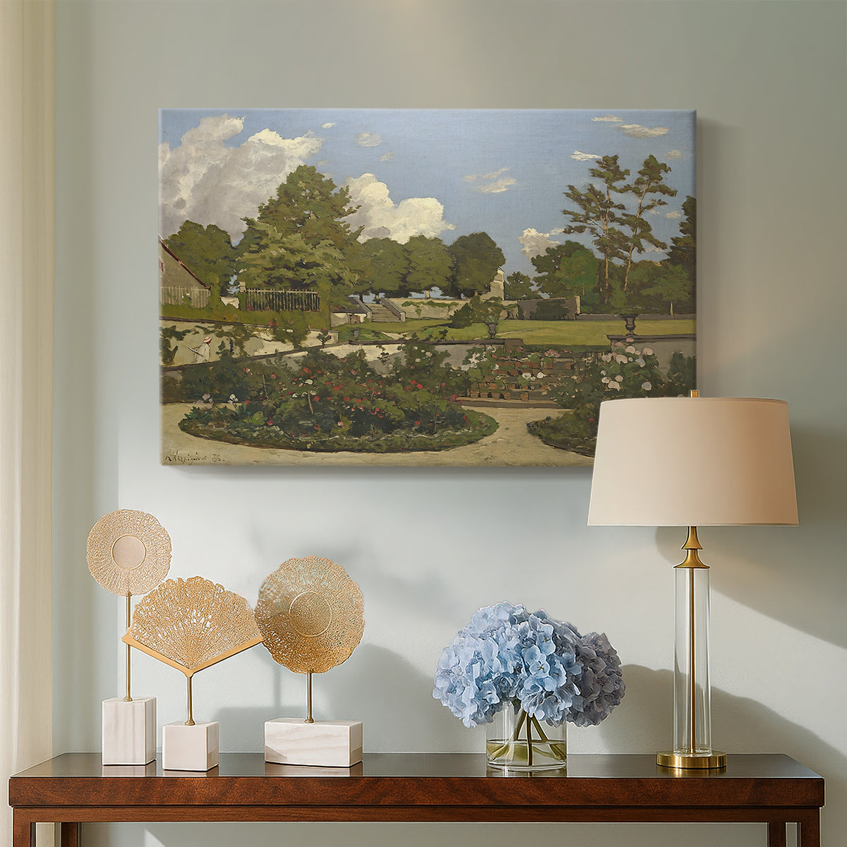 Canvas art print featuring a natural scene with cultivated plants and tranquil atmosphere, displayed above a styled console table