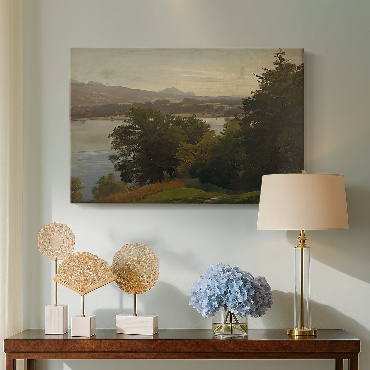 Canvas art print featuring a natural scene emphasizing depth across lake and hills, displayed above a styled console table