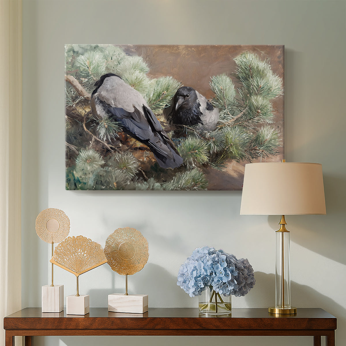 Canvas art print featuring a realistic scene of crows interacting on grassy terrain, displayed above a styled console table