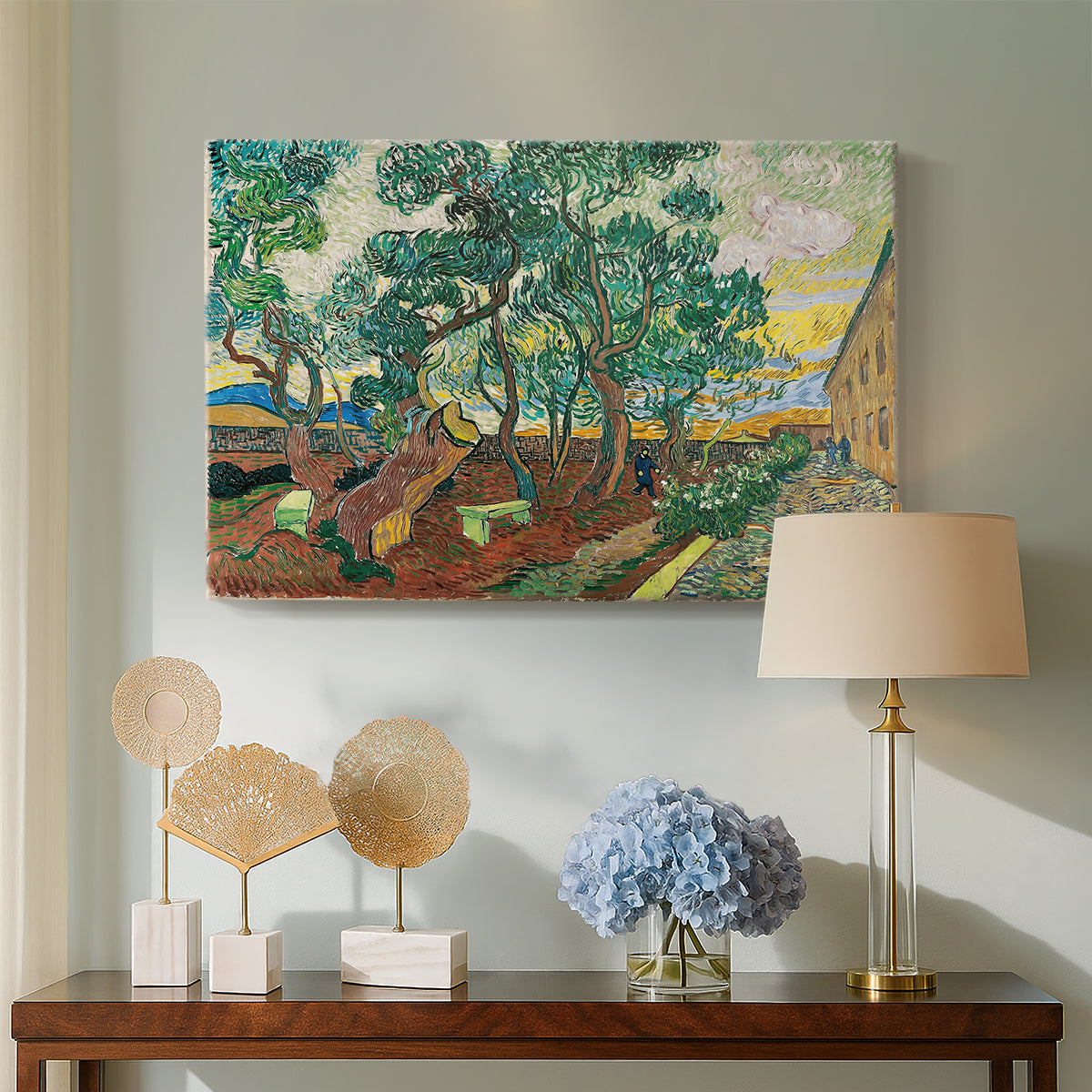 Canvas art print featuring a post-impressionist scene combining nature and architecture, displayed above a styled console table