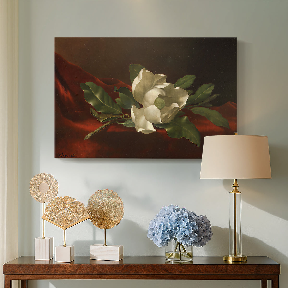 Canvas art print featuring a detailed botanical composition with contrasting textures, displayed above a styled console table
