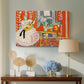 Canvas art print featuring an expressive interior scene centered on a lute player, displayed above a styled console table