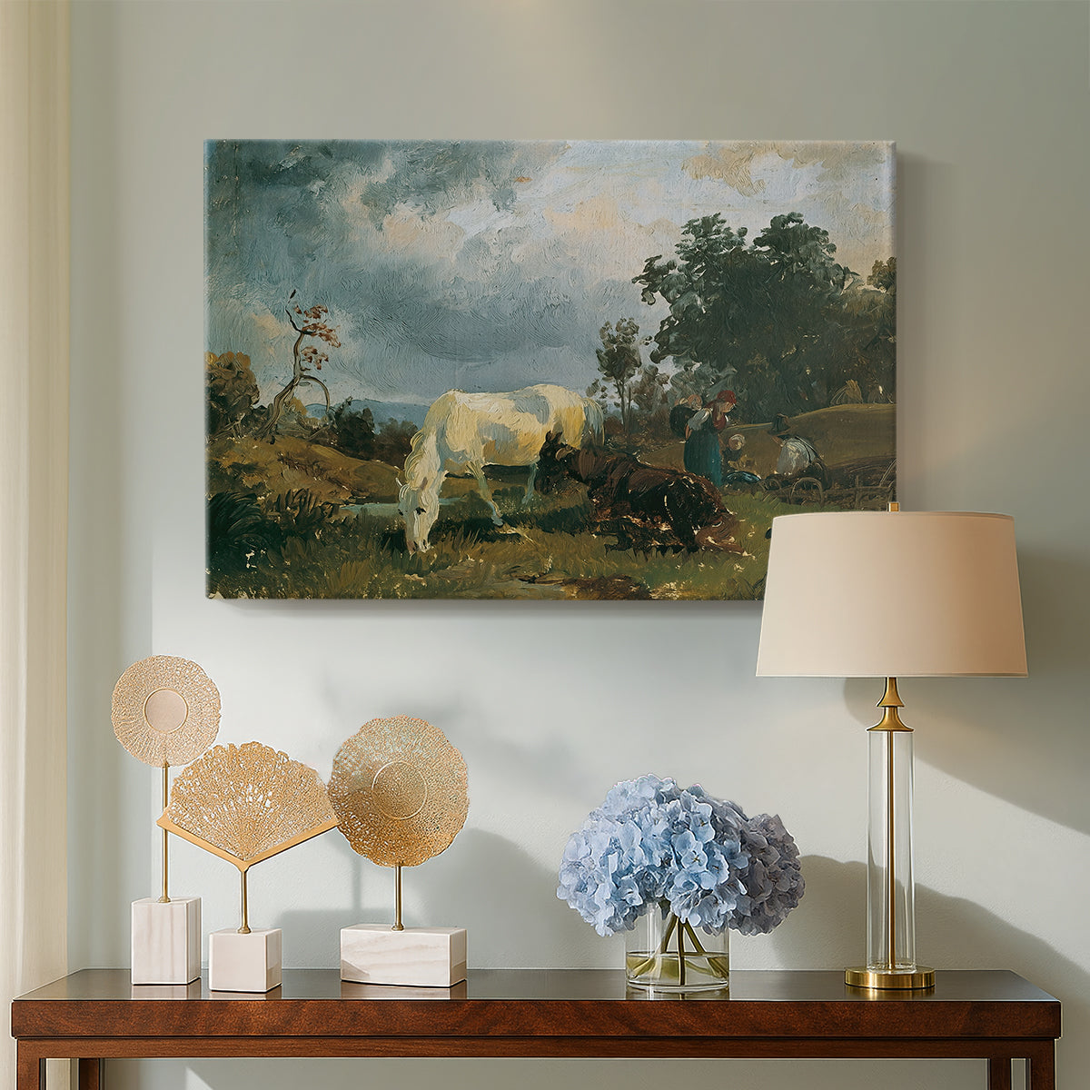 Canvas art print featuring a rural composition featuring livestock, displayed above a styled console table