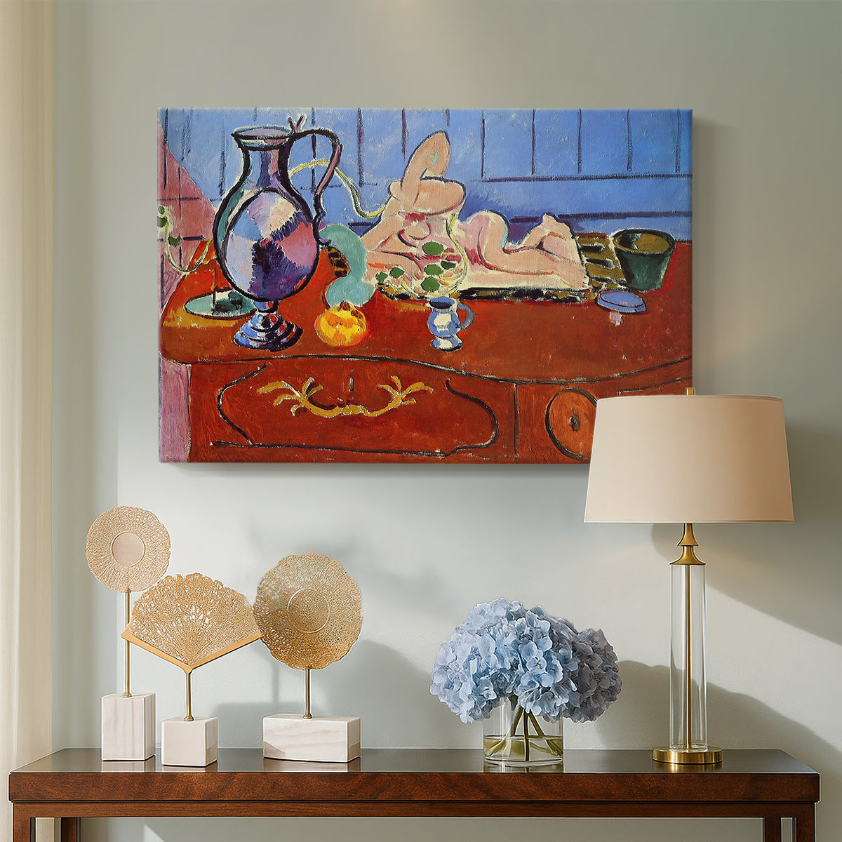Canvas art print featuring a Fauvist tabletop still life with sculptural objects, displayed above a styled console table