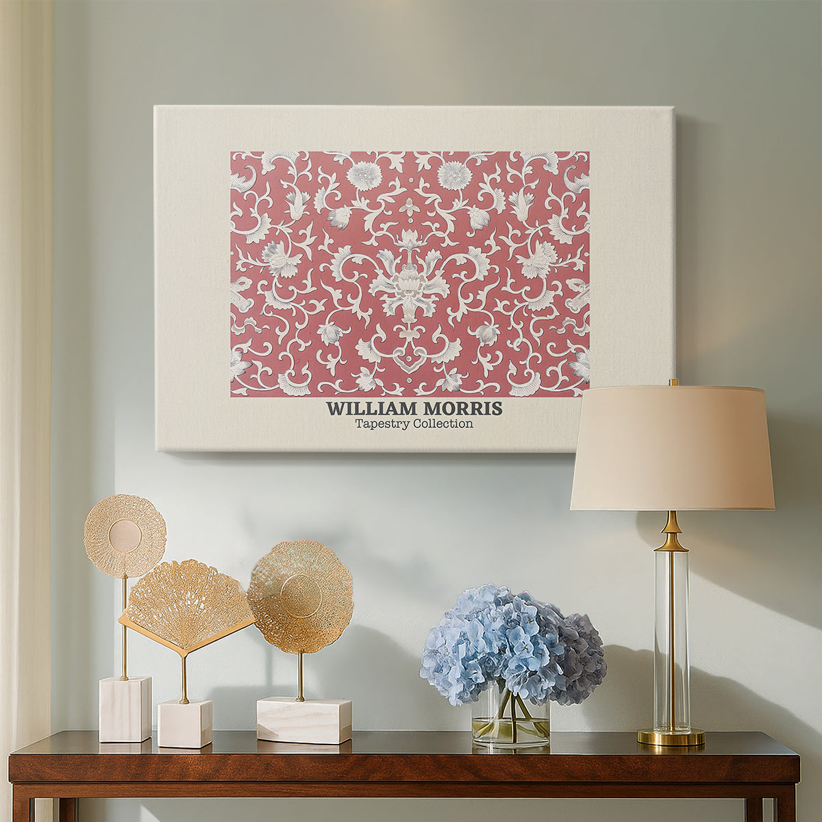 Canvas art print featuring a patterned surface with repeating floral clusters, displayed above a styled console table