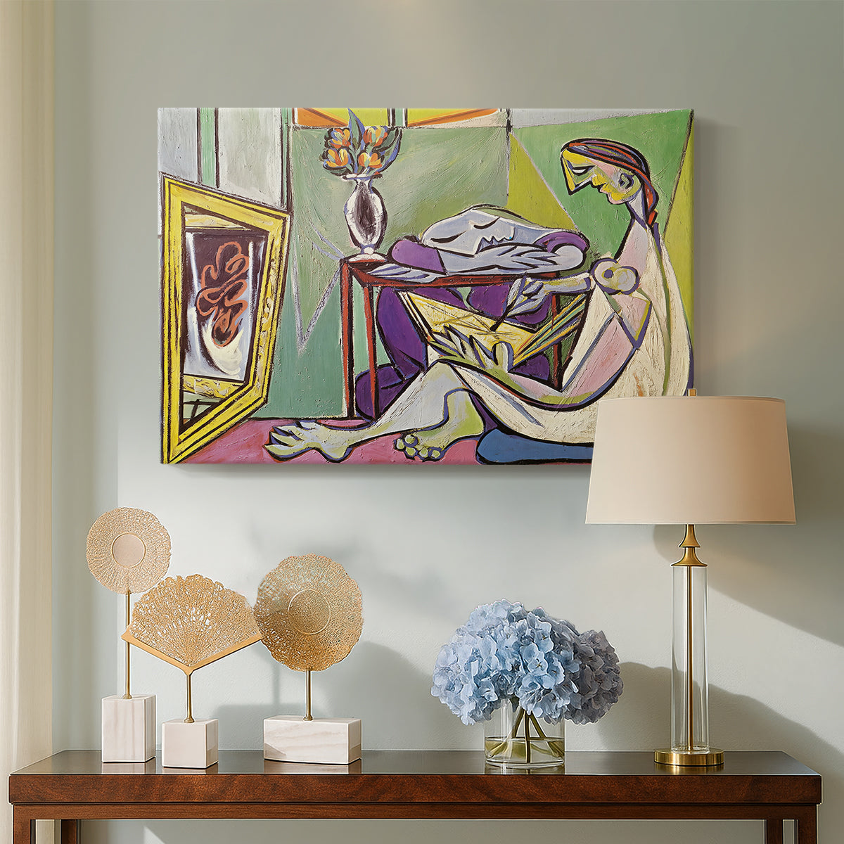 Canvas art print featuring an expressive composition with angular forms, displayed above a styled console table