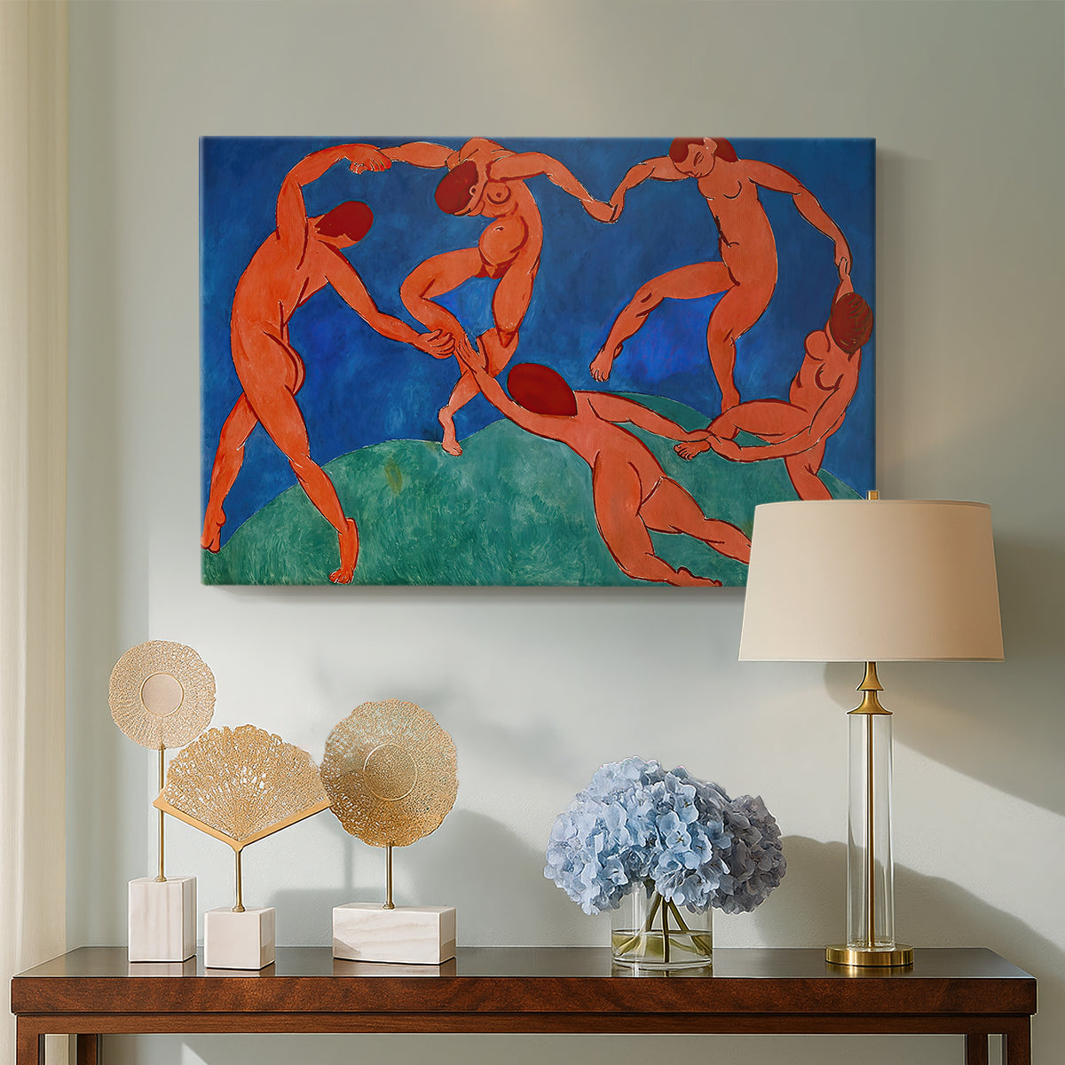 Canvas art print featuring an iconic composition of moving bodies in a ring, displayed above a styled console table