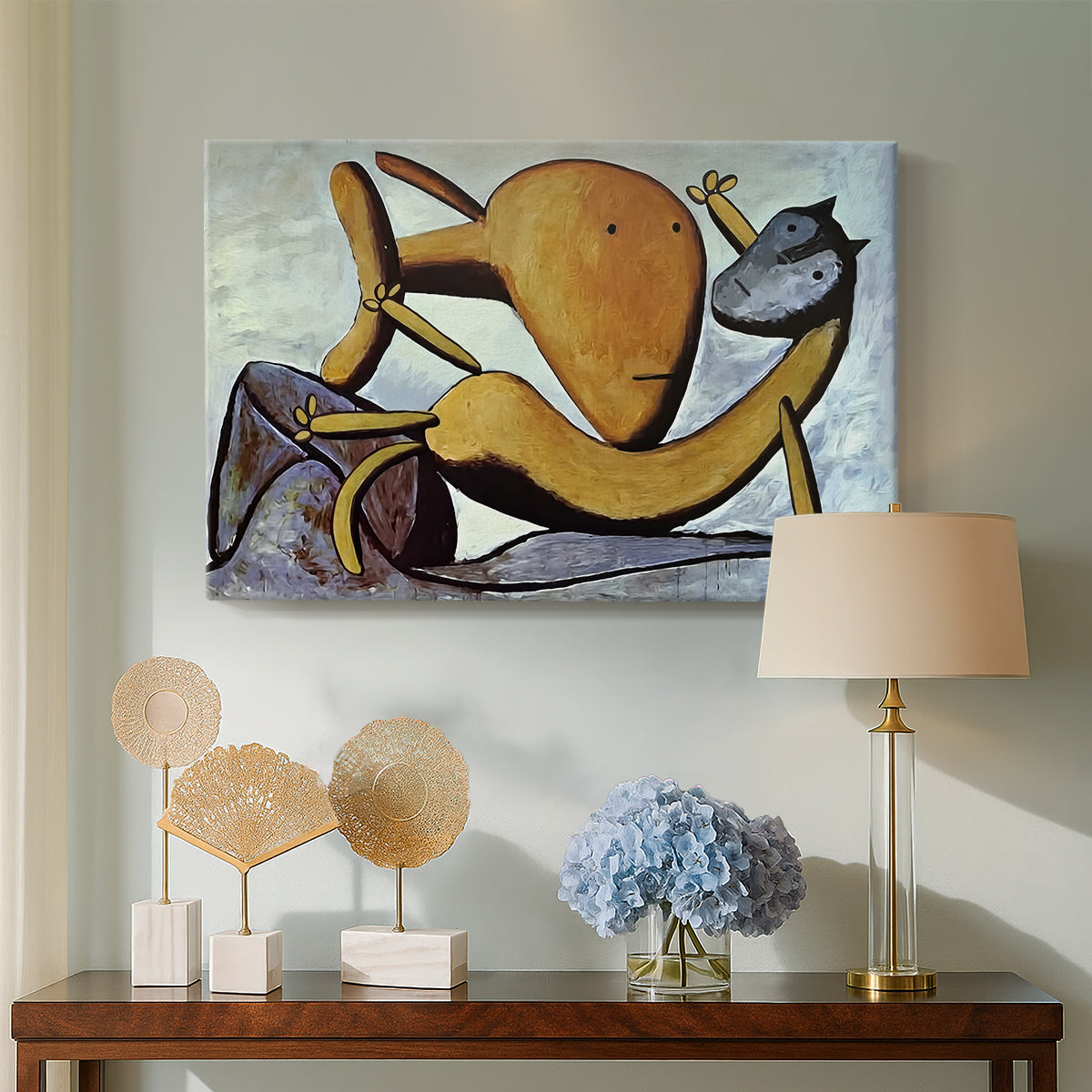 Canvas art print featuring an expressive depiction with bold contours, displayed above a styled console table