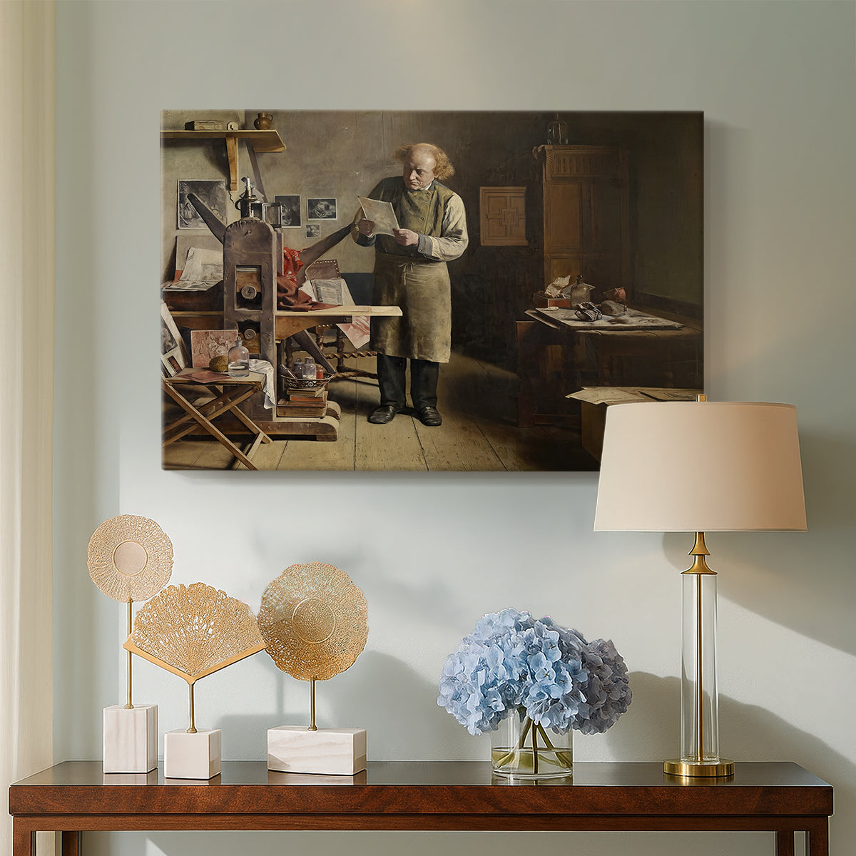 Canvas art print featuring an interior scene with figure focused on printing process, displayed above a styled console table