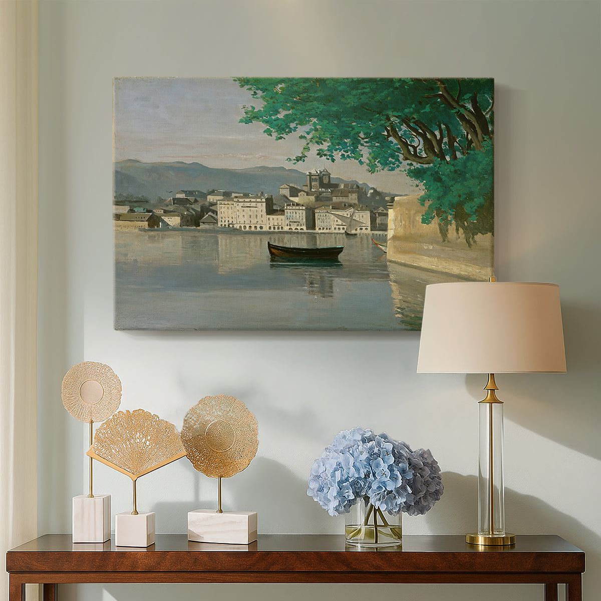 Canvas art print featuring a soft atmospheric view of city beside water, displayed above a styled console table