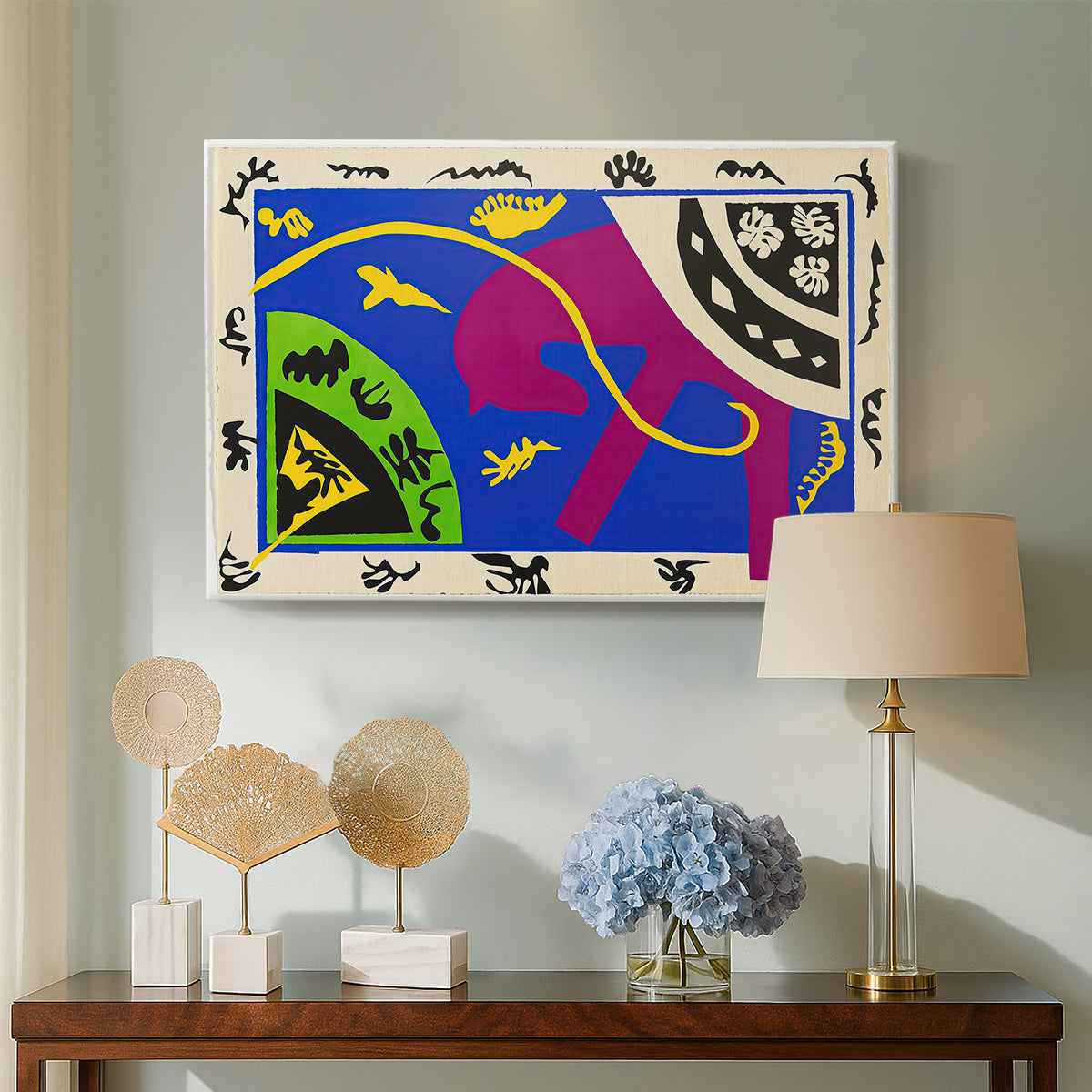 Canvas art print featuring an expressive abstract scene with symbolic circus-like figures, displayed above a styled console table