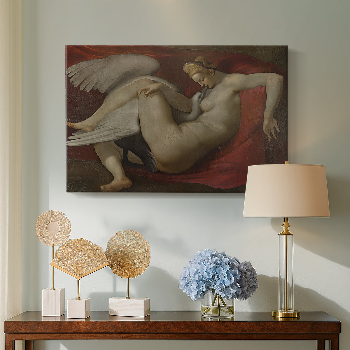Canvas art print featuring an expressive figure study combining human and animal, displayed above a styled console table
