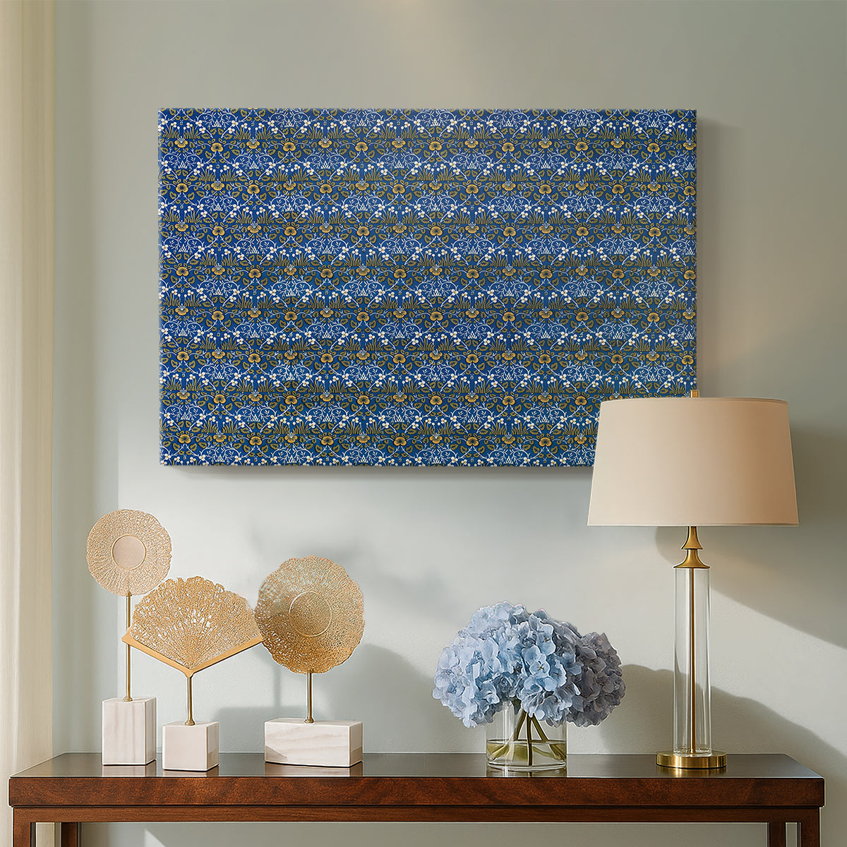 Canvas art print featuring a patterned composition with repeating tiny floral motifs, displayed above a styled console table