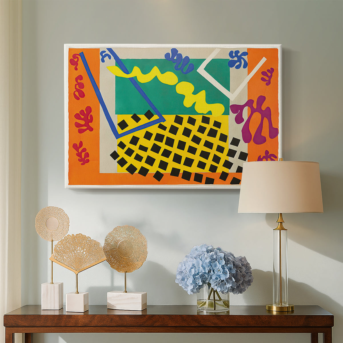 Canvas art print featuring an expressive abstract composition with bright color blocks, displayed above a styled console table
