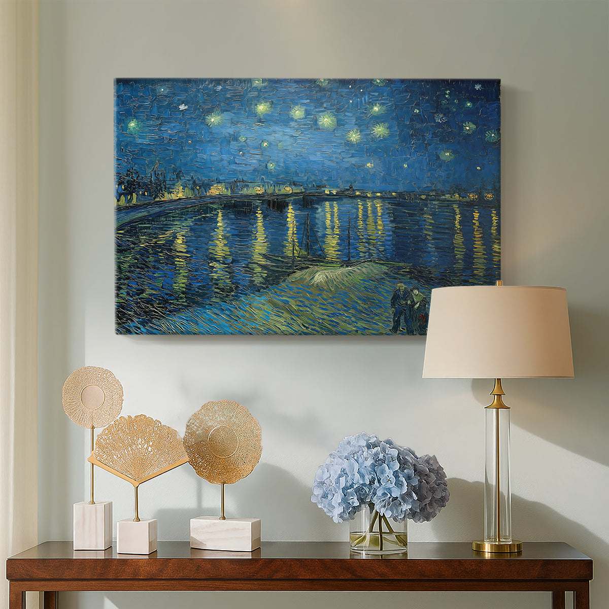 Canvas art print featuring a post-impressionist scene emphasizing reflections and deep blue sky, displayed above a styled console table