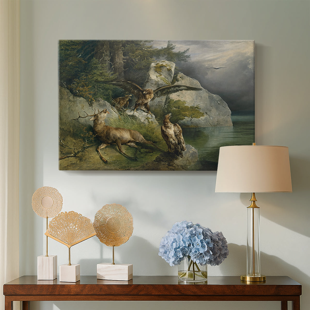 Canvas art print featuring a realistic depiction of animals in intense moment near water, displayed above a styled console table