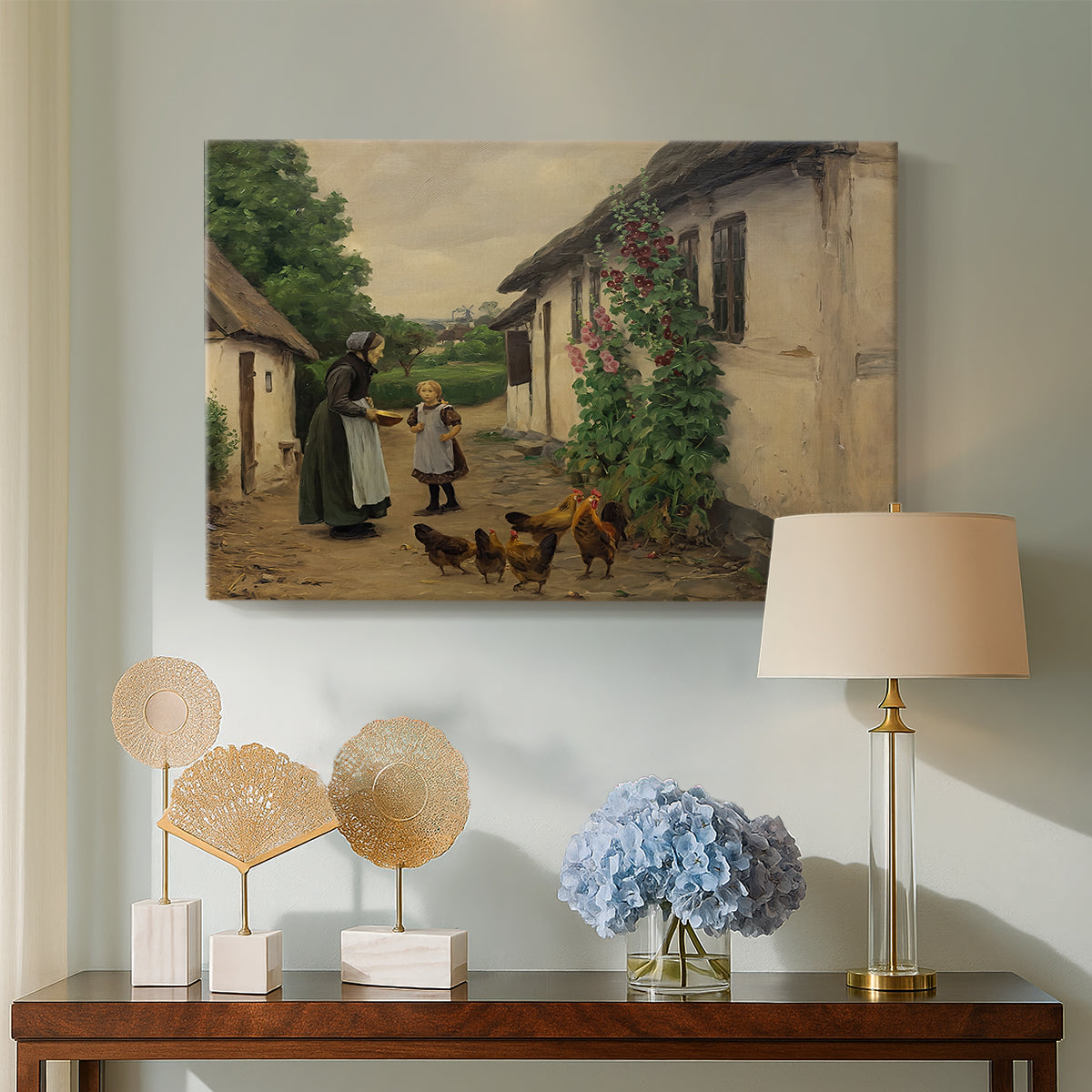 Canvas art print featuring a domestic interaction outside traditional farmhouse, displayed above a styled console table