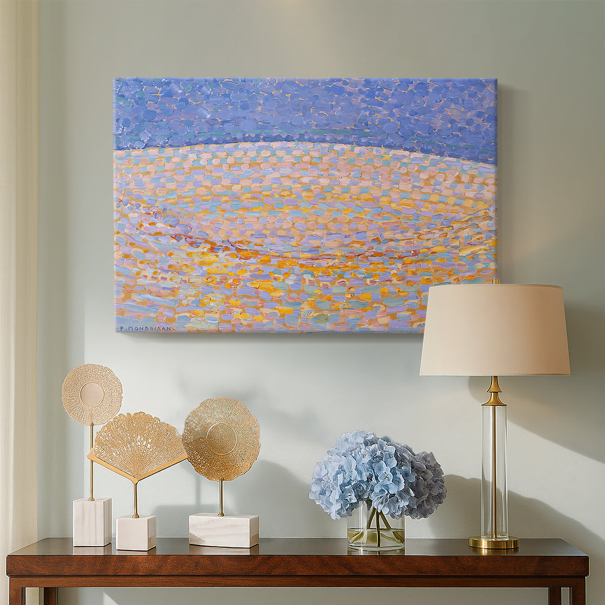 Canvas art print featuring an expressive composition emphasizing surface and pattern, displayed above a styled console table