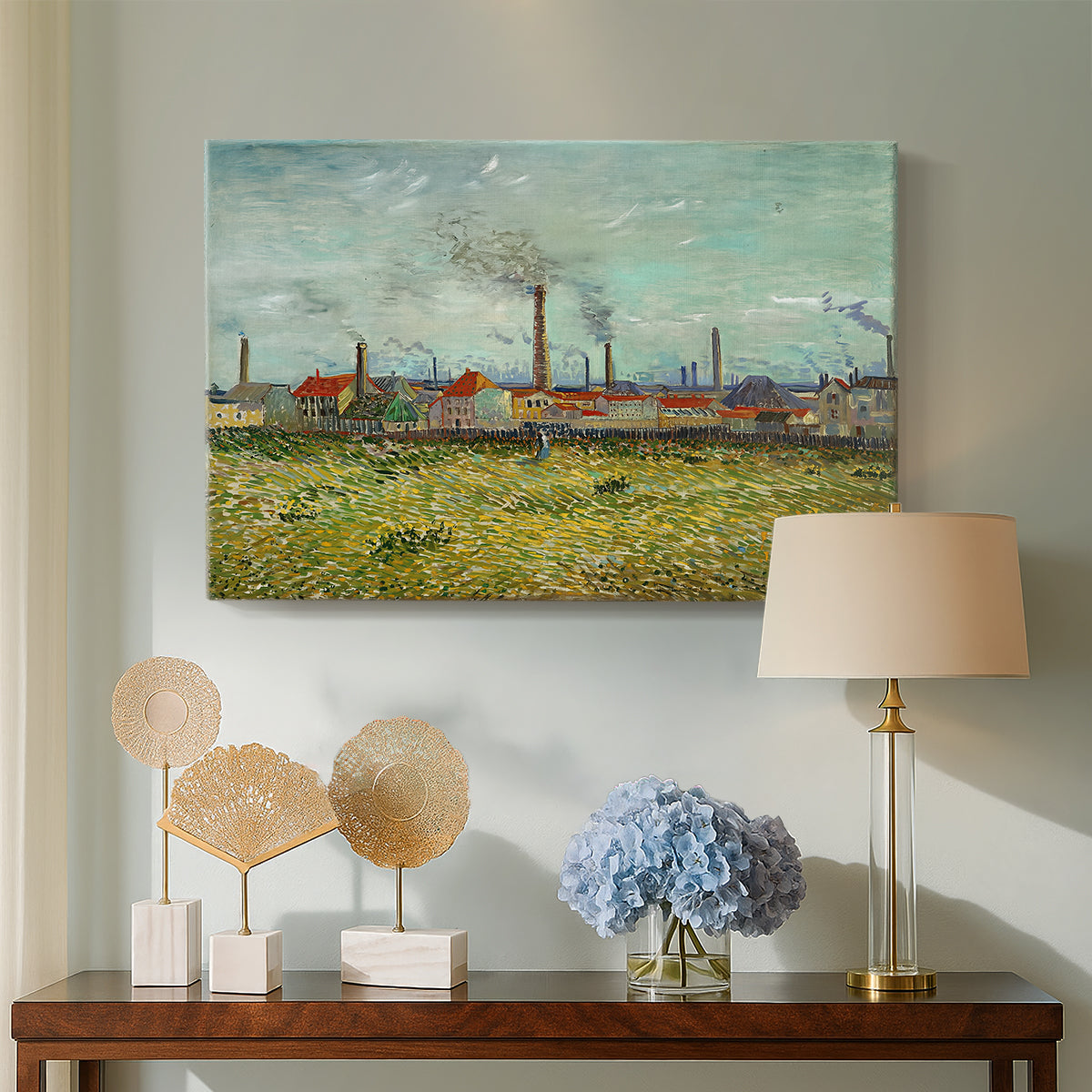 Canvas art print featuring an expressive depiction of industry within landscape, displayed above a styled console table