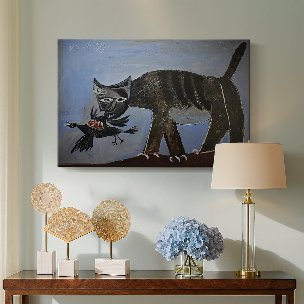 Canvas art print featuring an expressive predator interaction, displayed above a styled console table