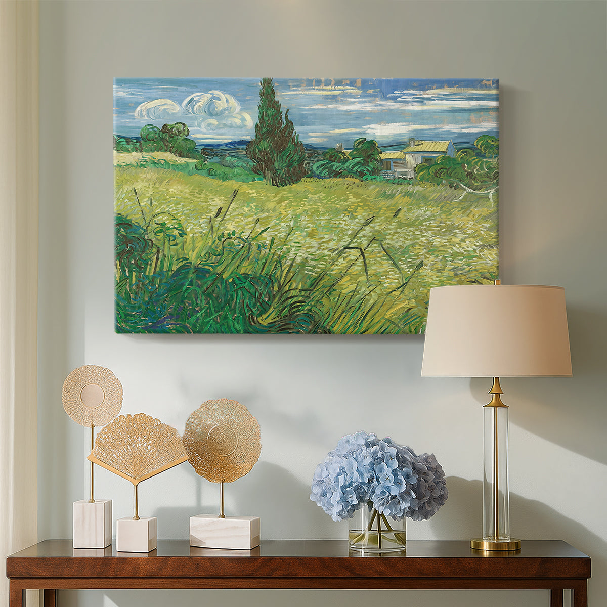 Canvas art print featuring a post-impressionist scene combining crops and dramatic sky, displayed above a styled console table